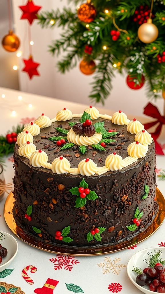 A large, decorated Christmas cake with dried fruits and nuts, set on a festive table.